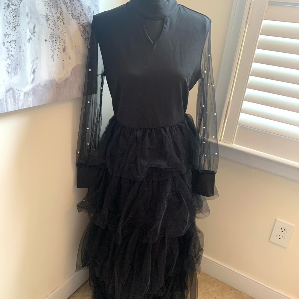 Maxi long sleeve dress with layered tulle skirt